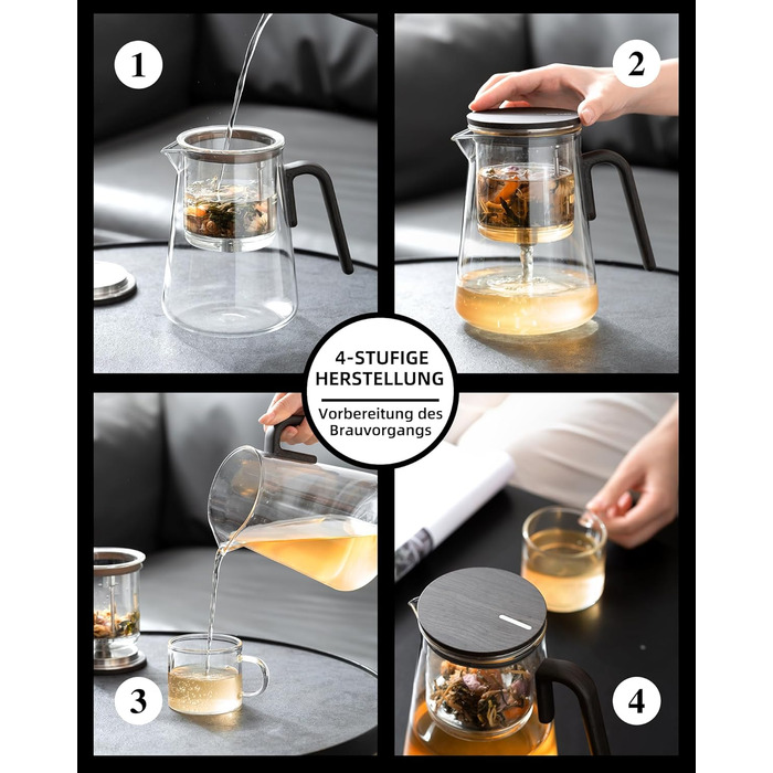 Чайник ZENS Magic з боросилікатного скла з ситом, 1000 мл, з магнітним кришкою та ручкою з чорного горіха