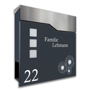 Поштовий ящик антрацит RAL 7016 з написом та газетницею (Maddie) - сталевий порошково-пофарбований, з 3 оглядовими вікнами, індивідуальний дизайн