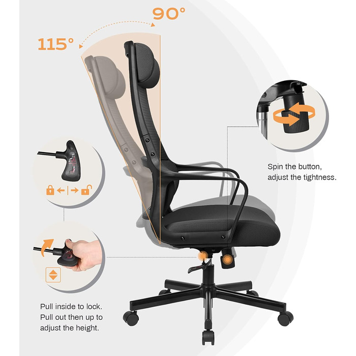 Ергономічне крісло для офісу з регульованою підголівником, крісло для робочого столу з широким сидінням, підтримкою попереку, офісне крісло 200 кг, сітчасте крісло, крісло для дому та офісу, комп'ютерне крісло EN 1335 (Чорний)