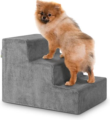 Juskys Pet Stairs Dog Stairs 36 cm - 3-Step Stairs, Washable Plush Cover - Cat Stairs Dog Ramp for Bed, Sofa, Couch and Car - Cover Grey