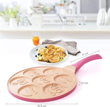 Млинцева пательня Joeji's Kitchen з 7 виїмками для млинців та яєць зі смайликами, антипригарна, алюмінієва, 26,5 см, для індукції, рожева, для дітей