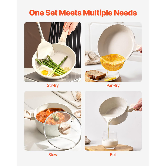 Набір посуду VEVOR 17 предметів з нержавіючої сталі з антипригарним покриттям, індукційні каструлі та сковорідки з кришками, для кухні, кемпінгу та приготування їжі (білий)