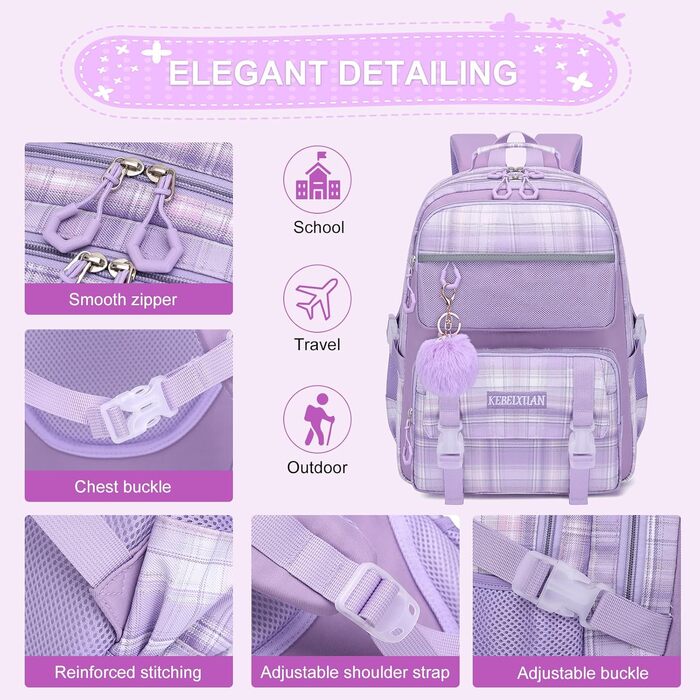 Рюкзак KEBEIXUAN для дівчаток, шкільна сумка 1-5 клас, дихаючий рюкзак з помпоном, фіолетовий + ланч-бокс + пенал