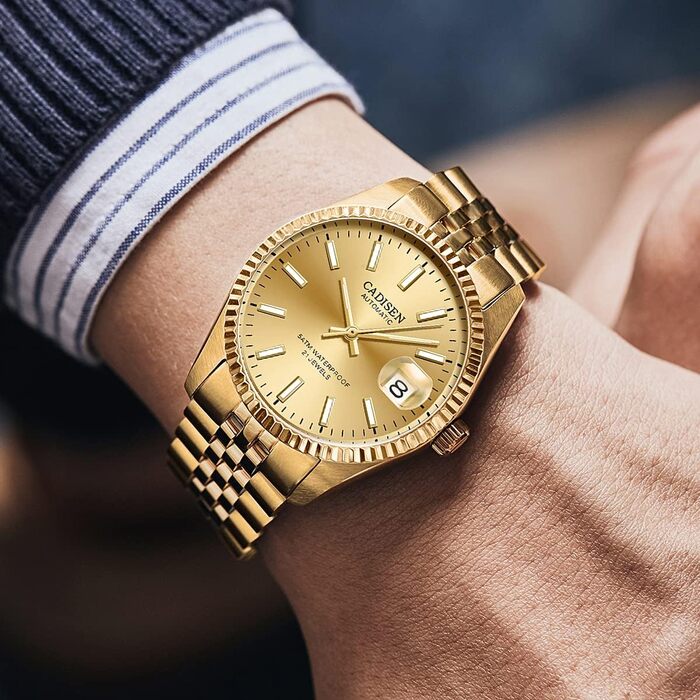 Годинник CADISEN Automatik для чоловіків: механічний годинник з сапфіровим склом та сталевим браслетом, модель 8053 Gold
