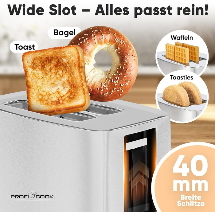 Тостер ProfiCook PC-TA 1244: 2 відділення, широкі слоти, 7 рівнів підсмажування, зйомна крихта, корпус з нержавіючої сталі, сенсорне керування, насадка для тостів