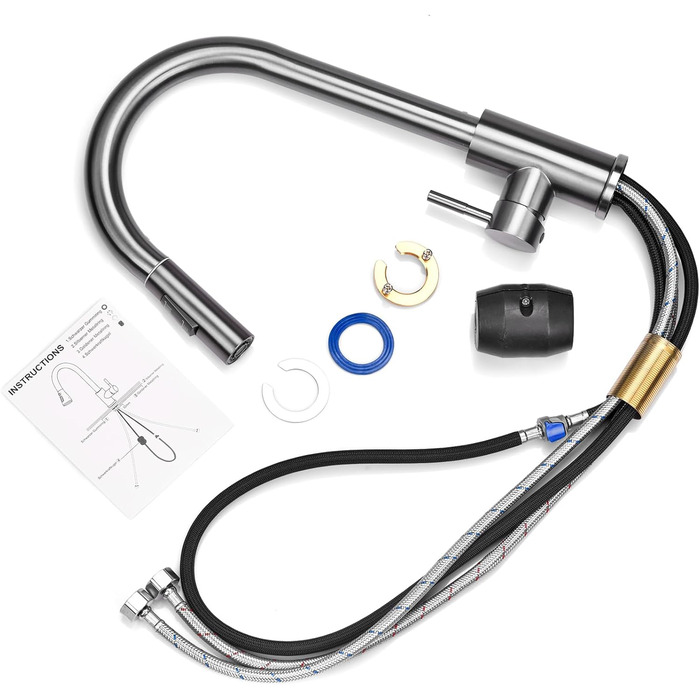 Кухонний змішувач Wasserhahn з висувною лійкою, поворотний на 360°, 2 функції, однорідний, для кухні (сірий)