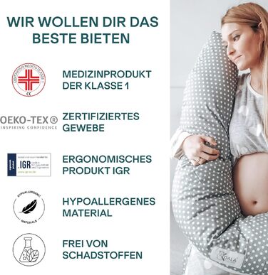 Подушка для годування Koala Babycare XXL: подушка для вагітних, для сну на боці, з бавовняним чохлом, сертифікований медичний виріб, подушка для дорослих (сірий - білий) X-Large сірий - білі крапки