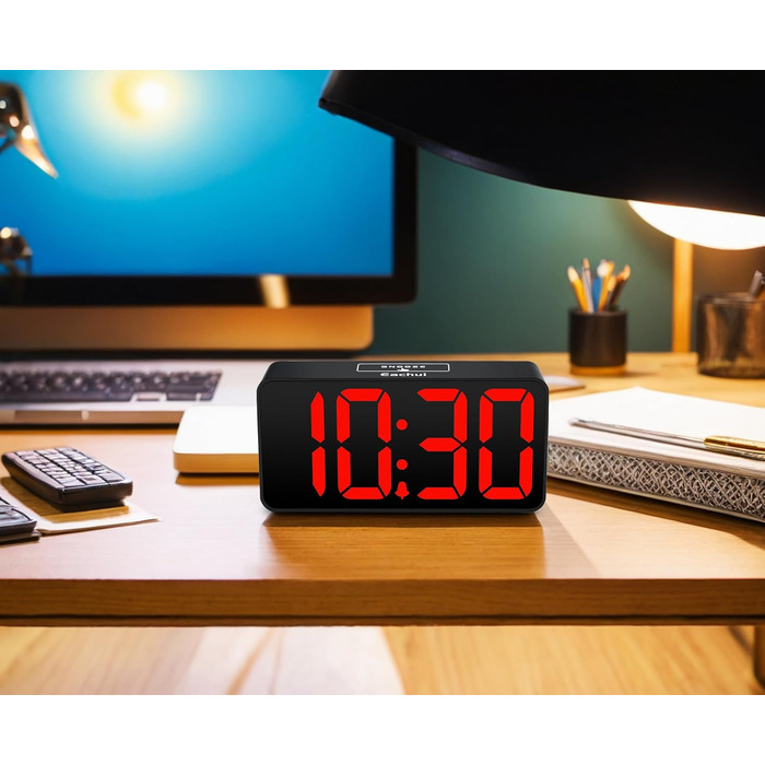 LED годинник-будильник Eachui з USB-зарядкою, великий дисплей, регулювання яскравості та гучності, функція відкладання, 12/24 год, цифровий годинник, живлення від мережі (чорний & білий), червоний