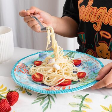 Набір посуду з меламіну, 12 предметів: 4 тарілки та миски, для дому, кемпінгу, BPA-free, безпечний для миття в посудомийній машині (Тропічний океан)