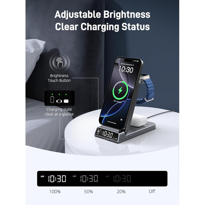 Зарядна станція 3-в-1 бездротова для iPhone, Apple Watch, AirPods, з годинником, для подорожей