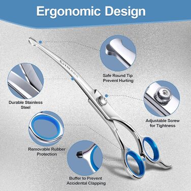 Професійна ножиця для собак 5-в-1 Gimars: 4CR сталь, безпечна закруглена накінечник, титанове покриття, пряма, філірувальна та вигнута (Блакитний)