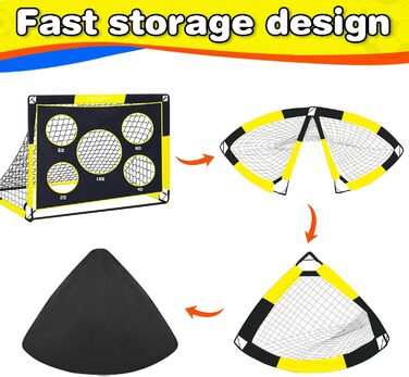 TTCB Sports 2-in-1 Kids Soccer Goal - Outdoor Football Goal with 5 Target Zones, Pop Up Soccer Goal Net & Carry Bag, Ideal for Football Training Equipment or Gifts for Boys (Yellow, 90x90x120cm)