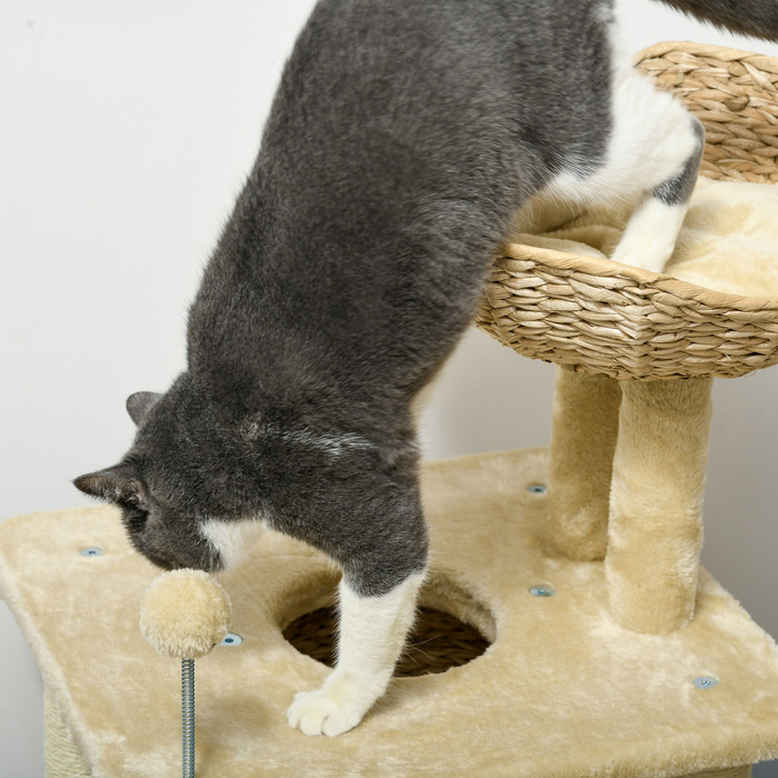 PawHut Дряпка для котів, маленький, 74 см, кігтеточка з котячою печерою, іграшковим м'ячиком, внутрішня кліматична вежа з ліжком, меблі для дряпання для котів вагою до 5 кг, Бежевий | Aosom