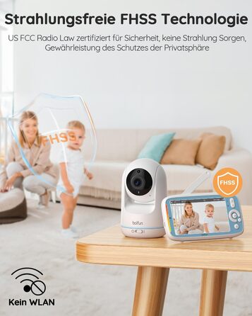 BOIFUN Дитячий відеоняня з камерою, 5' 720P IPS, без Wi-Fi, нічне бачення 360°, датчик шуму/температури, двосторонній зв'язок, радіус дії 300м, Plug & Play, акумулятор 3050mAh, колискові