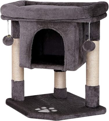 Lionto Scratching Post for Cats with Cave & 2 Plush Balls incl. Bell, Height 60 cm, Cat Tree with Robust Sisal Rope & Soft Plush, Cozy Lying Area, for Small & Large Cats (Dark Grey)