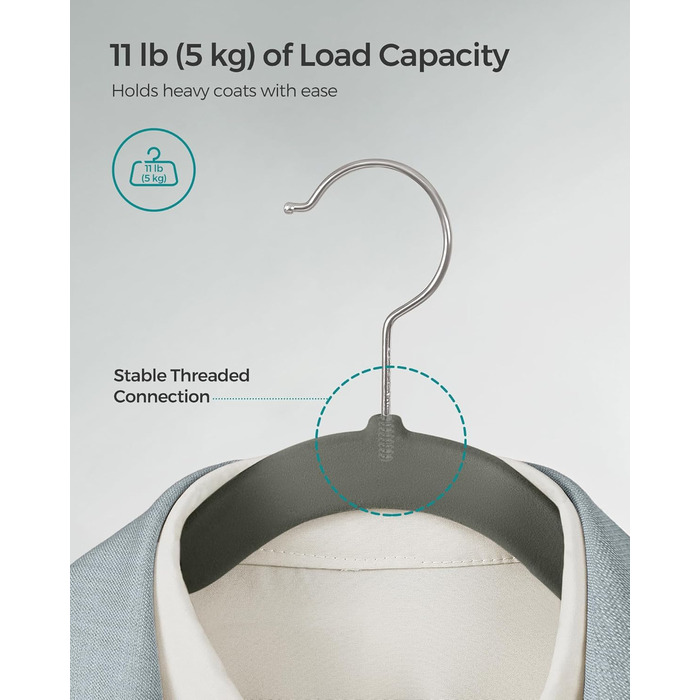 SONGMICS Плечики для одягу з оксамиту, 20 шт., для сорочок, жакеток, костюмів, 41.5 см, обертовий гачок, сірий