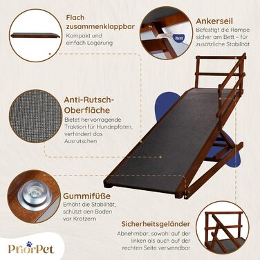 Східці для собак до ліжка з огорожею - для великих собак до 90 кг - регульована висота до 94.5 см - ширина 49.5 см - складаються - антиковзні ручки - з берези - колір натуральний (волоський горіх)