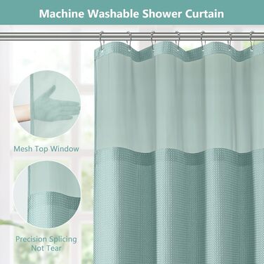 Завіса для душу з тканини вафельного плетіння FY&XZH з гачками, важка, водонепроникна, з покриттям TPU, стиль готелю з сітчастим віконцем, 2 гачки, стійкі до корозії (Зелений, 83 x 83 см)