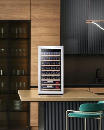 Kalamera 28-Bottle Wine Refrigerator - 86 Liter Capacity, Stainless Steel & Glass Door, 5-18°C Cooling Zone, Removable Wooden Shelves