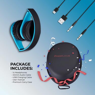 PowerLocus Бездротові навушники Over-Ear з Bluetooth, Hi-Fi стерео, FM радіо, Micro SD/TF, мікрофон, для iPhone/Android/Tablet/Laptop (Чорний/Синій)