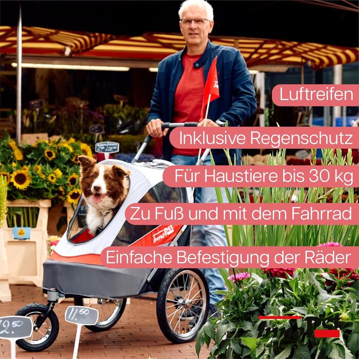 Innopet Sporty Dog Trailer Deluxe: Причіп для собак, велосипедний, червоно-білий - до 30 кг, з дощем.