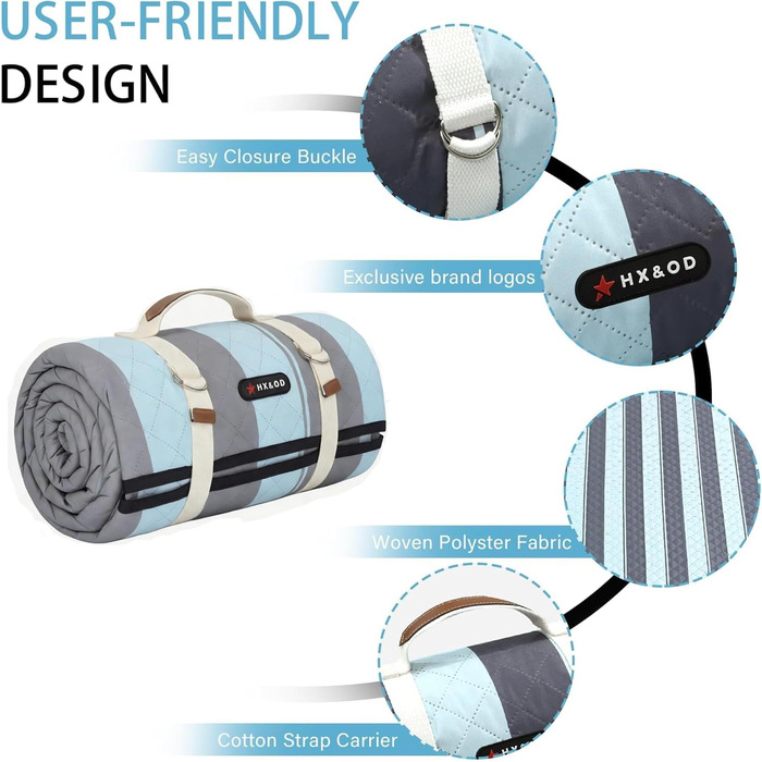 Плед для пікніка водонепроникний HX&OD, 203x203 см, сіро-зелений, з ручкою, складаний