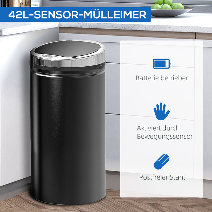 HOMCOM Sensor Trash Can 42L, Electric Automatic Waste Bin with Lid, Stainless Steel, for Bathroom, Office, Kitchen, Dining Room, Steel, Black | Aosom