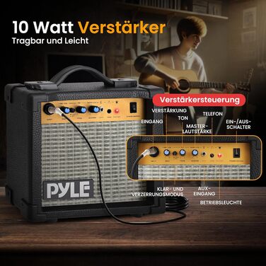 Акустична гітара Pyle Elektroakustik 4/4 Комплект для початківців: гітара з підсилювачем 10W, чохол, тюнер, ремінь та запасні струни – чорний колір