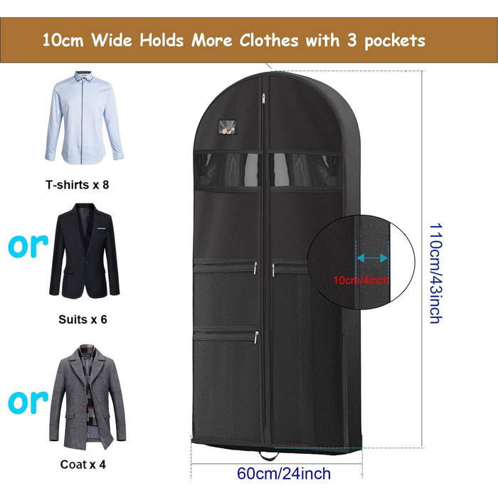 Мішок для одягу URMI, міцний, 2 шт., 60x110 см, з 3 кишенями для сорочок, пальто, курток, суконь – для подорожей