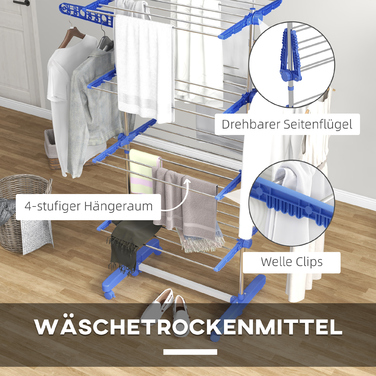 HOMCOM Clothes Rack with Wheels, Clothes Dryer Tower, 2-Tier Folding Wings, Standing Dryer Made of Steel in Blue for Space-Saving Drying