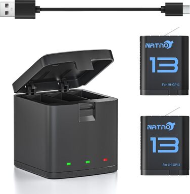 Акумулятор для GoPro Hero 13 (2 шт.) 2100mAh + Тризарядний USB-пристрій для зарядки - Сумісний з екшн-камерою Hero 13 Black