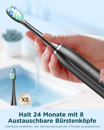 Електрична звукова зубна щітка для дорослих - відбілювання, ультразвукова, з кейсом для подорожей та зарядною станцією, 8 насадок, 5 режимів чищення (Чорна)