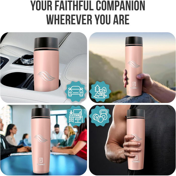 Термокружка Tavialo 460 мл, пудрово-рожевий колір, нержавіюча сталь, ізольована, для напоїв