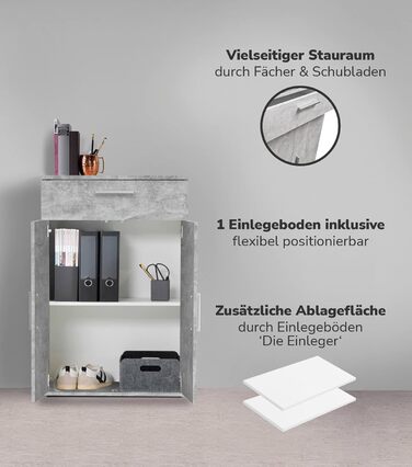 Multipurpose cabinet 60cm wide with drawers 'The Practical', small office cabinet or filing cabinet, also suitable as a shoe cabinet or storage cabinet in 60x90x34 cm (W/H/D) in White (Height 90CM, Concrete Look -92)