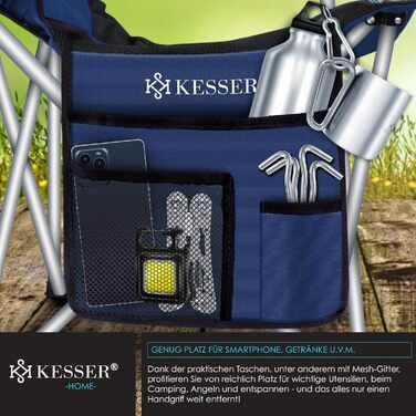Крісло для кемпінгу KESSER® розкладне, до 150 кг, для риболовлі, з підлокітниками, високою спинкою, пляшкотримачем, світлом, сумкою та стаканчиком, хакі (темно-синій/чорний)