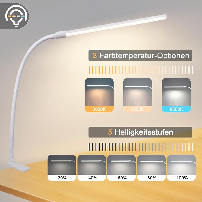 Лампа для столу Homefire LED з кріпленням, регульована яскравість: чорна, 5 рівнів яскравості, 5W, гнучка, для офісу, кабінету, захист очей, денне світло, USB
