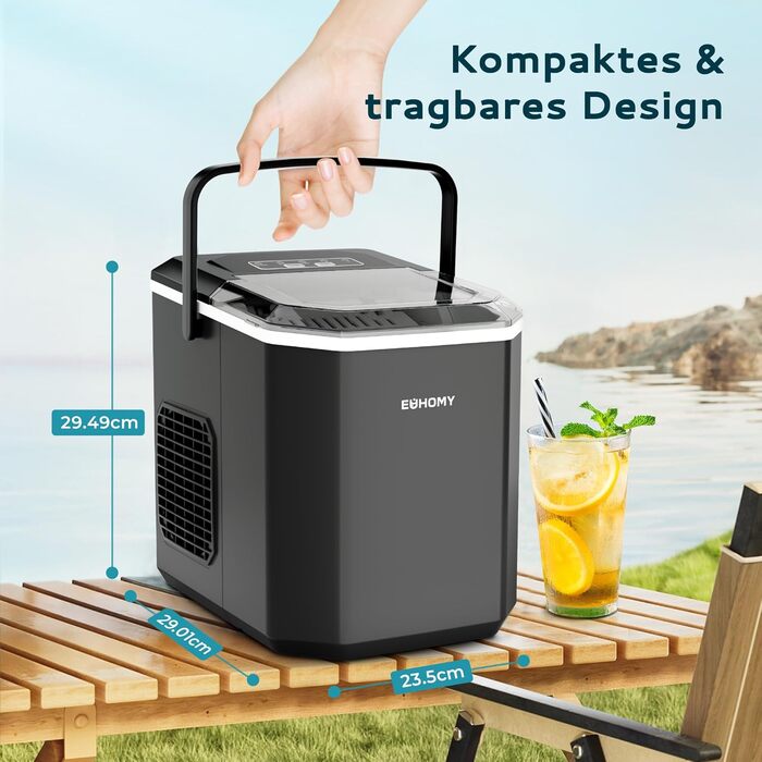 EUHOMY Ice Maker - Countertop Ice Machine, Stainless Steel, 12kg/Day Capacity, 9 Cubes in 6 Minutes, 2 Sizes, for Home, Kitchen, Office, RV - Black