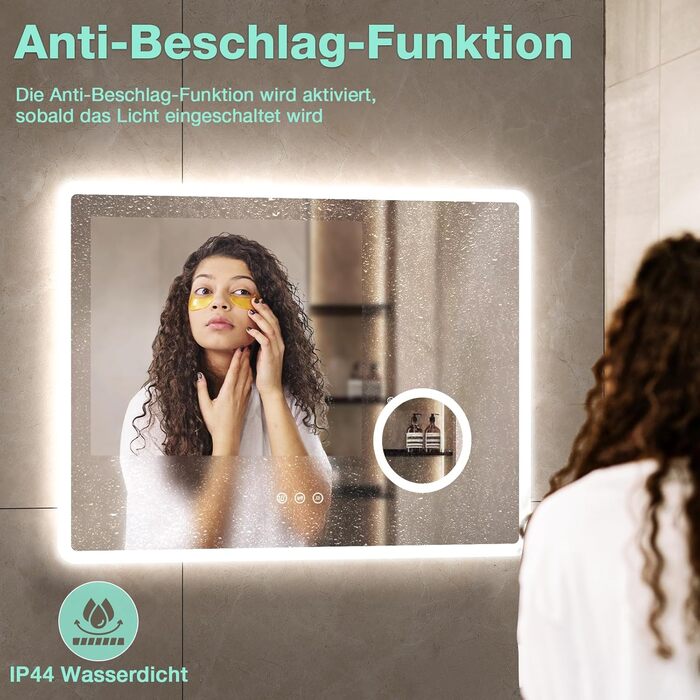 LED дзеркало для ванної кімнати 80x60 см з підсвічуванням, 3 кольори, регулювання яскравості, антизапарник, годинник, 3x збільшення, розетка