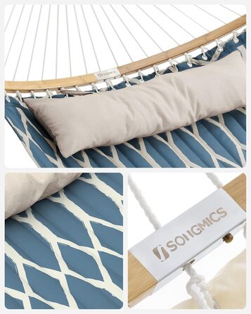 Гамак SONGMICS з підкладкою та подушкою, 200x140 см, бамбукові дуги, до 225 кг, сірі та бежеві ромби
