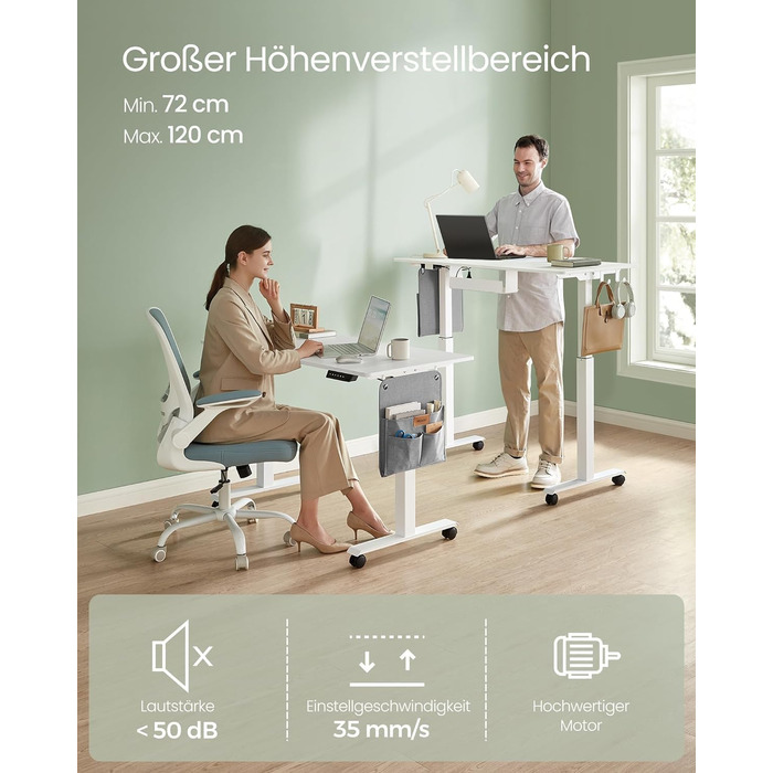 VASAGLE Electric Height Adjustable Desk, 60 x 120 x 72-120 cm, Memory Function, Wood & Steel Frame, Cloud White
