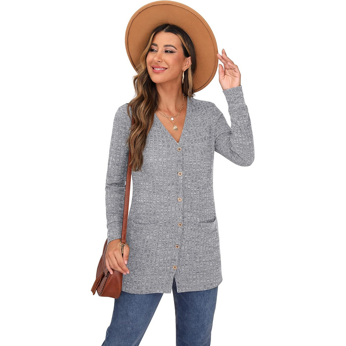 Жіночий в'язаний кардиган Grecerelle з довгими рукавами, сірий, з кишенями та V-подібним вирізом, XL