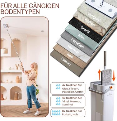 Відро для миття підлоги з системою 2 камери, телескопічна ручка 143-181 см, плоский насадка 40 см, самовіджимний, з видаленням шерсті тварин та 2 мікрофібровими подушечками, білий – ALANBERG®