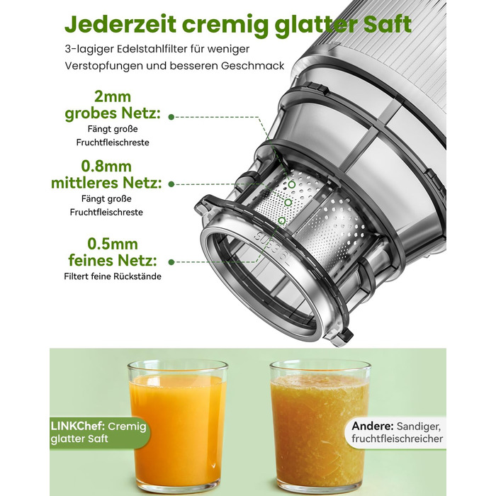 Шнекова соковижималка LINKChef Slow Juicer, 250Вт, для цілих овочів та фруктів, широкий отвір 130мм, чаша 1.8л, з функцією реверсу, без BPA