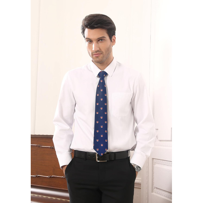 HISDERN Комплект краватки та кишенькового хустинки з принтом тварин, морське синє - лисиця, для весілля та бізнесу