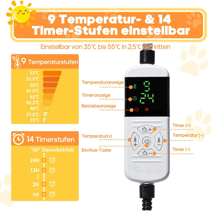 Електричний нагрівальний килимок Angelpet для собак та котів, 45x70 см, 9 температурних режимів, таймер, бісостійкий кабель, 2 знімні чохли