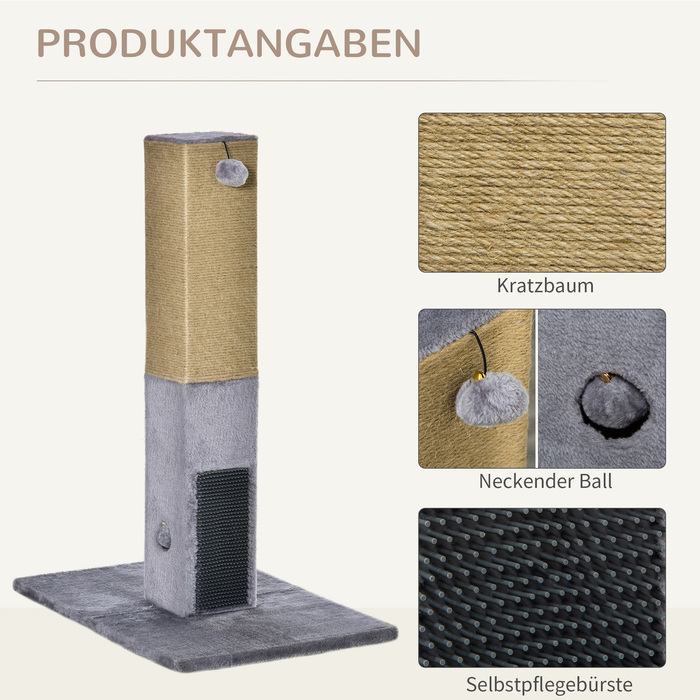 PawHut Cat Scratching Post 79cm with Jute Rope & Plush Toy - Grey for Active Play & Relaxation