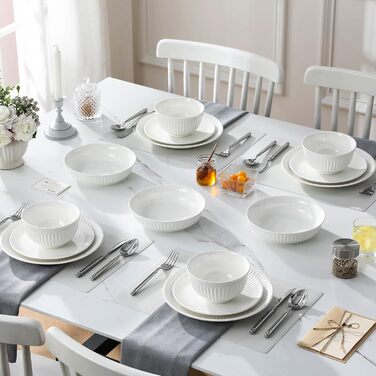 MALACASA LEILA Набір посуду на 6 осіб, 24 елементи: тарілки, миски, порцеляна, ручна робота, для мікрохвильовки та посудомийної машини, білий