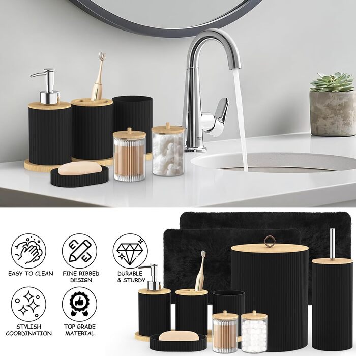 Набір аксесуарів для ванної кімнати PLIOW – 22 предмети: шторка для душу, відро для сміття, тримач для унітазної щітки, дозатор для мила. Стильний та функціональний декор для дому (Чорний, повний комплект + килимок для ванної)