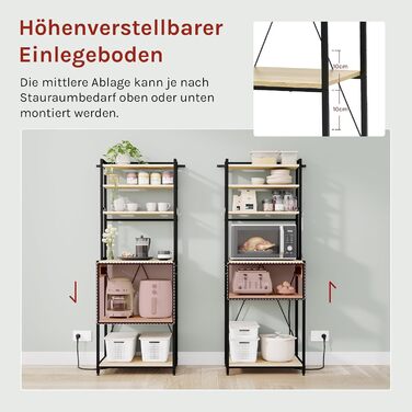 Кухонна полиця WOLTU з 6 ярусами, з розетками, для мікрохвильової печі, з металевим каркасом, регульовані полиці, Чорний+Рустикальний коричневий, 60 x 167 x 40 см