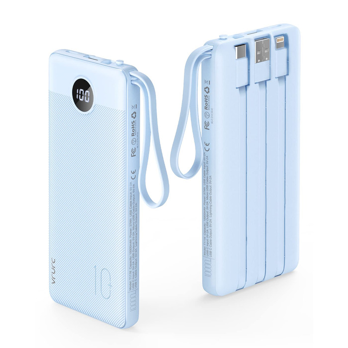 Power Bank VRURC 10000mAh з 4 кабелями: портативний акумулятор USB-C для iPhone, Huawei, Samsung та Android (синій)